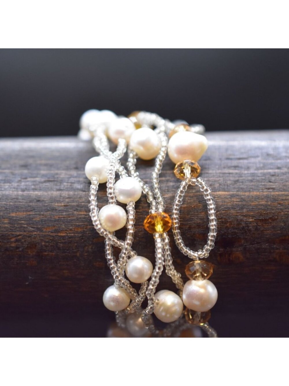 Vintage Three-Strand Freshwater Pearl & Amber Crystal Bracelet Set with Magnetic